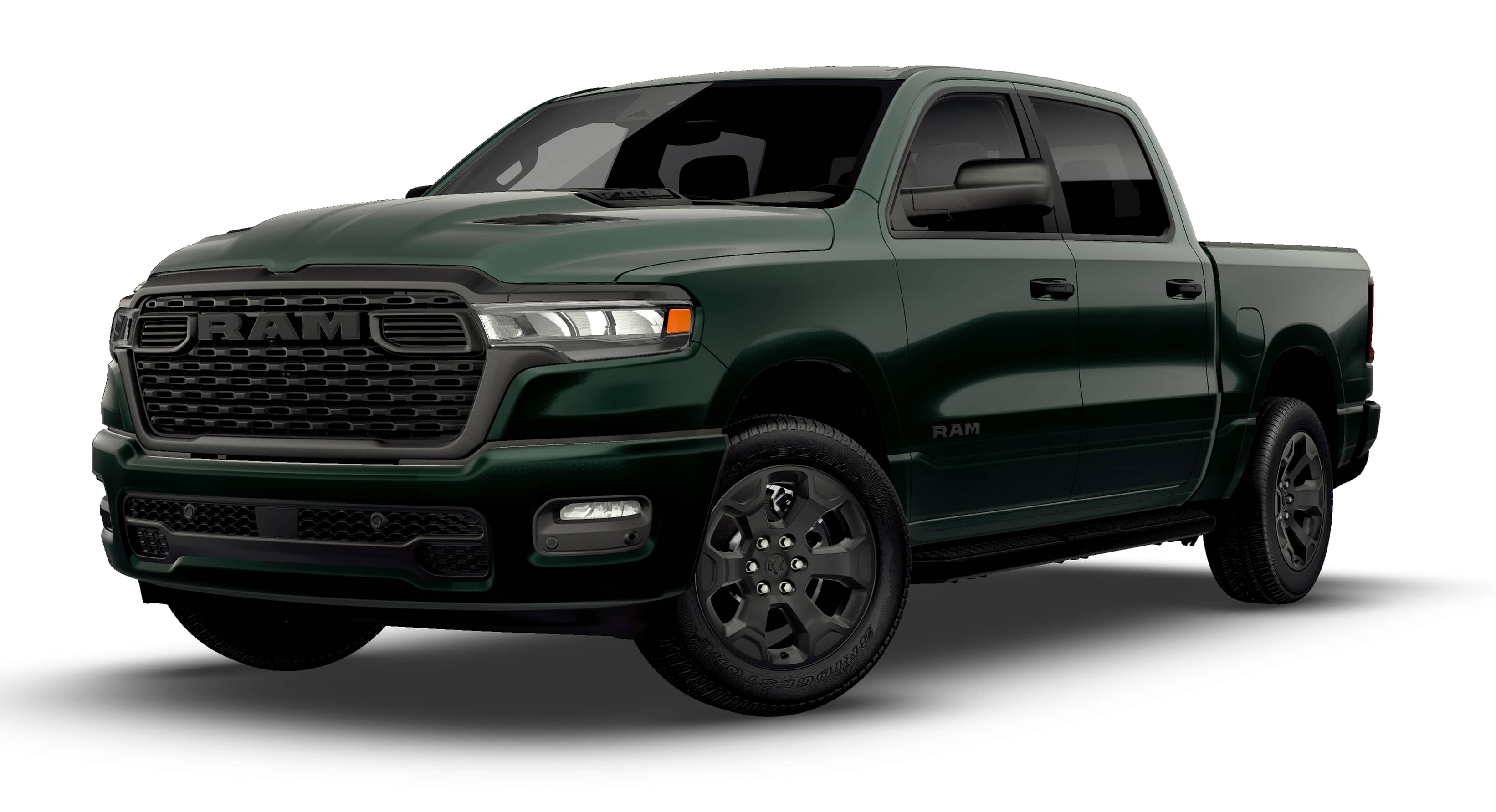 2026 RAM 1500 RAM 1500 EXPRESS CREW CAB 4X4 5'7' BOX in Serrano-Green Metallic Exterior Paint — front three-quarter view
