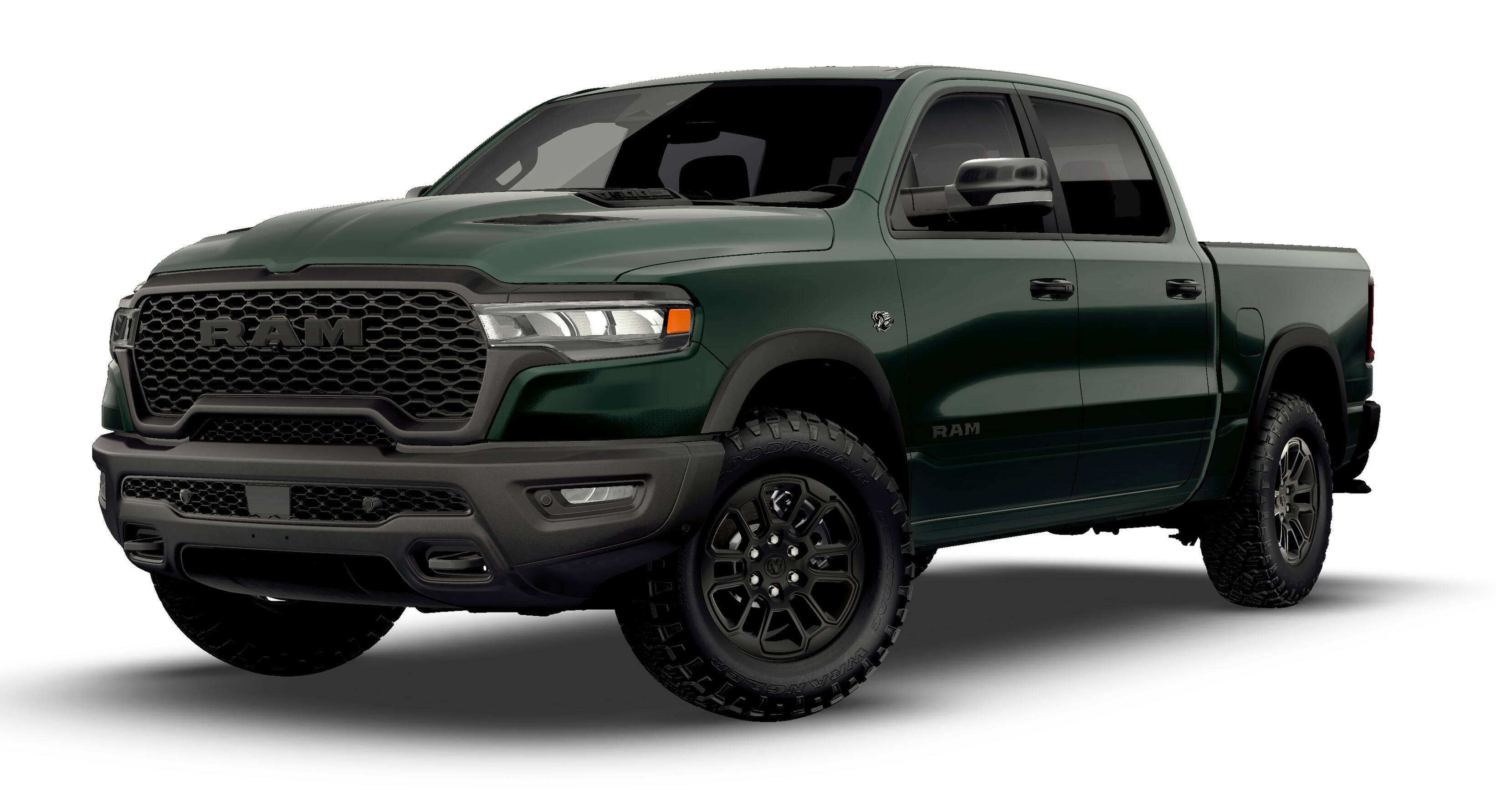 2026 RAM 1500 RAM 1500 REBEL CREW CAB 4X4 5'7' BOX in Serrano-Green Metallic Exterior Paint — front three-quarter view